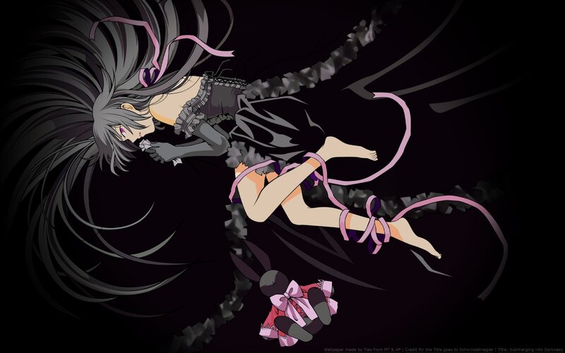 Anime Girl with Long Hair — Black, Dramatic, Night, Long Black Hair, Pink Ribbons, Doll