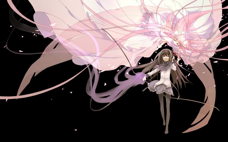 Anime Girl with Long Hair — Black, Dramatic, Night, Pink Wings