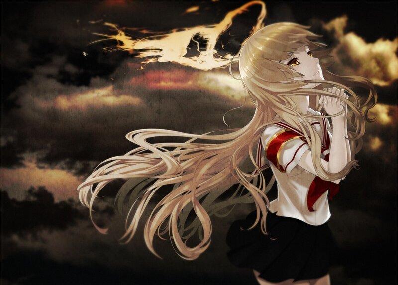 Anime Girl with Long Hair — Black, Dramatic, Night, School Uniform, Fire