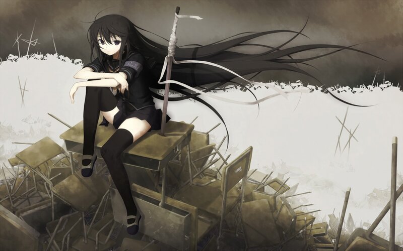 Anime Girl with Long Hair — Black, Dramatic, School Desks