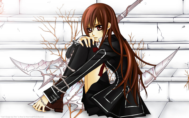 Anime Girl with Long Hair — Black, Dramatic, Sword, School Uniform, Branches