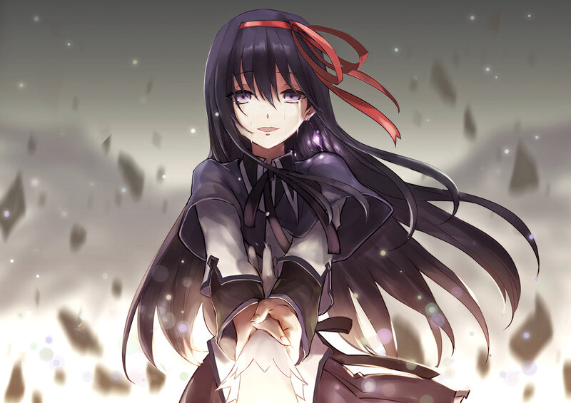 Anime Girl with Long Hair — Black, Dramatic, Tears, Ribbon