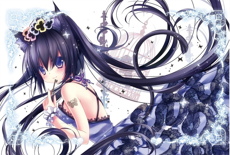 Anime Girl with Long Hair — Black, Dreamy, Flowers