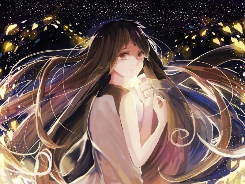 Anime Girl with Long Hair — Black, Dreamy, Night, Digital Art