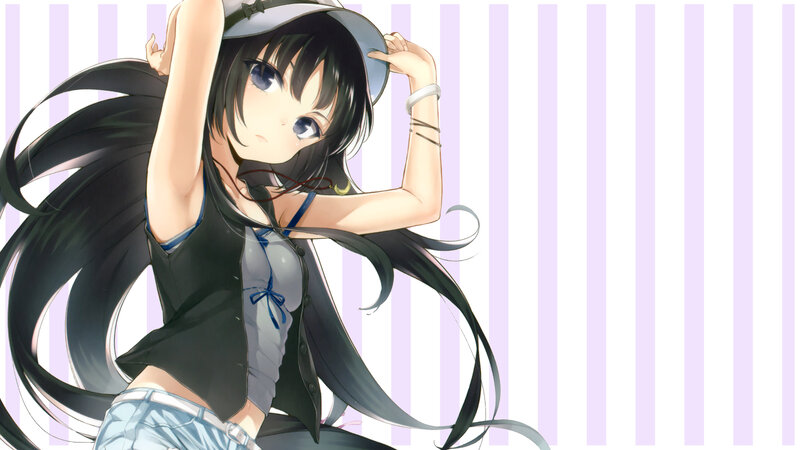 Anime Girl with Long Hair — Black, Playful, Hat