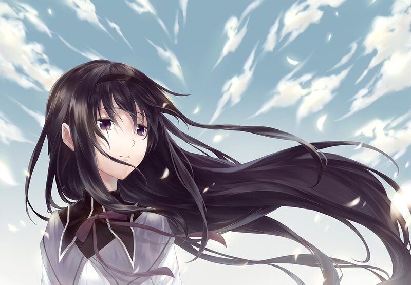Anime Girl with Long Hair — Black, Serene, Afternoon, Sky