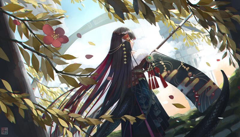Anime Girl with Long Hair — Black, Serene, Autumn