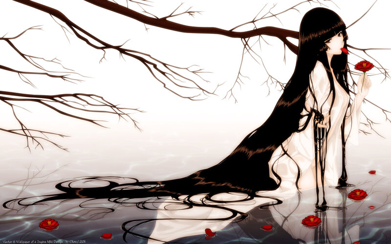Anime Girl with Long Hair — Black, Serene, Digital Art, Flower