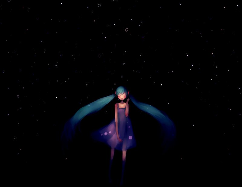 Anime Girl with Long Hair — Black, Serene, Night, Digital Art, Stars