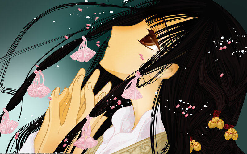 Anime Girl with Long Hair — Black, Serene, Spring, Digital Art