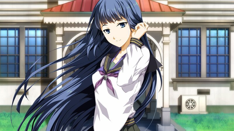 Anime Girl with Long Hair — Blue, Calm, Afternoon, School Uniform, Building