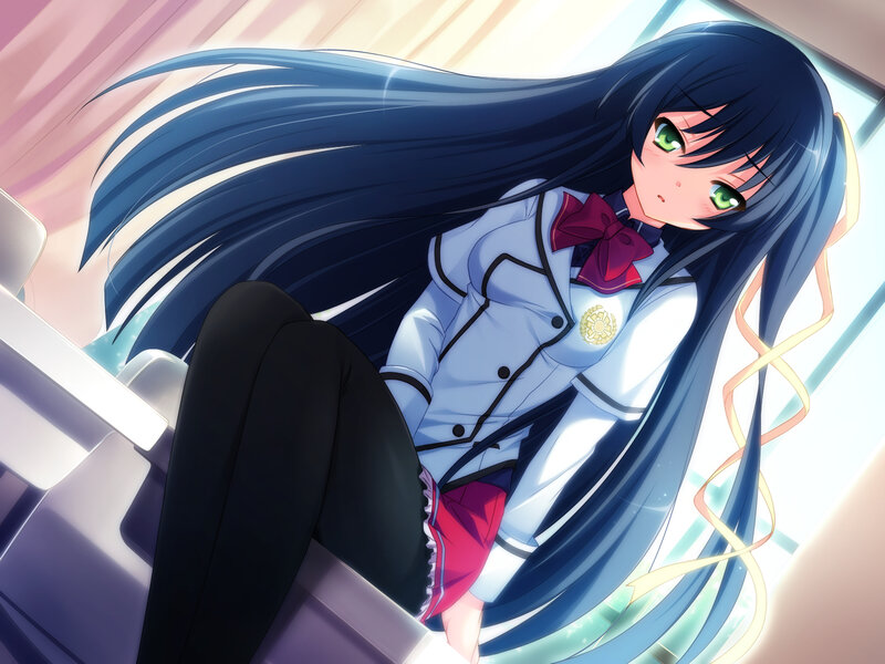 Anime Girl with Long Hair — Blue, Calm, Afternoon, School Uniform, Green Eyes, Long Hair