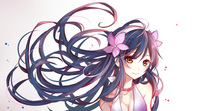 Anime Girl with Long Hair — Blue, Calm, Digital Art, Flower, Necklace, Eyes