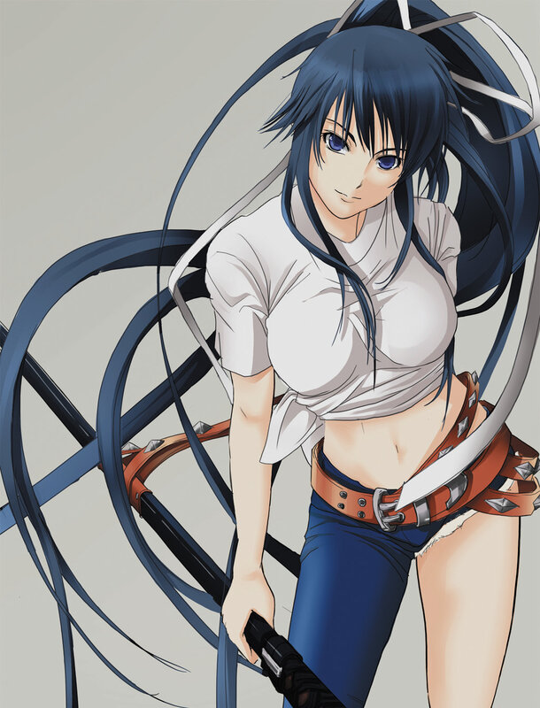 Anime Girl with Long Hair — Blue, Confident, Sword, Belt