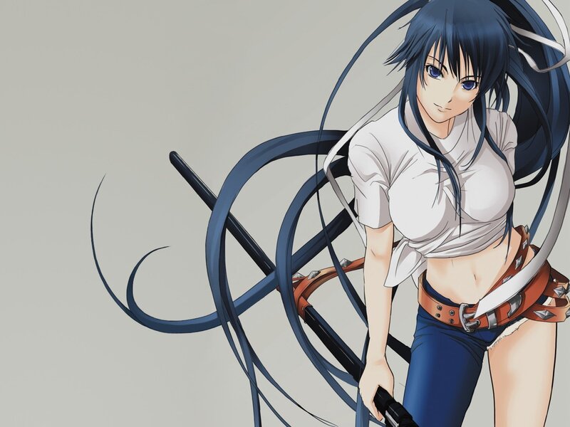Anime Girl with Long Hair — Blue, Confident, Sword, Belt, White