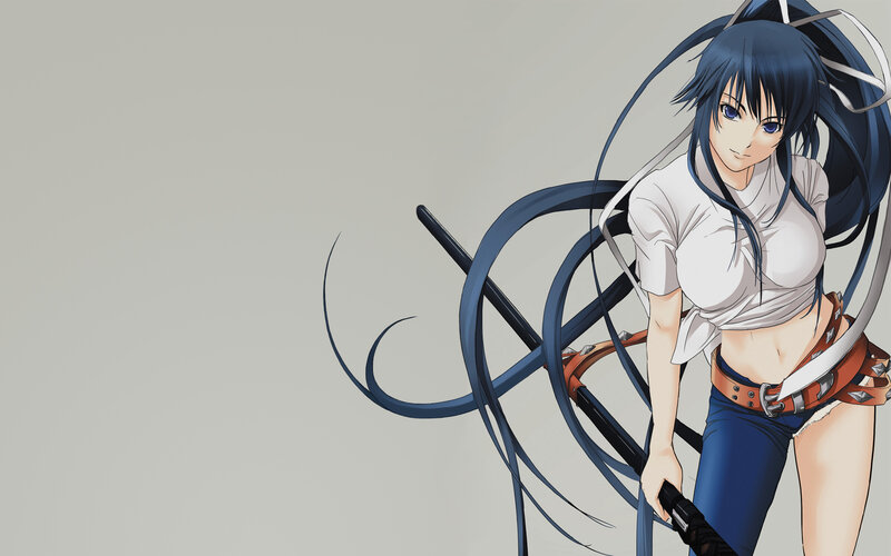 Anime Girl with Long Hair — Blue, Confident, Sword, Blue Pants