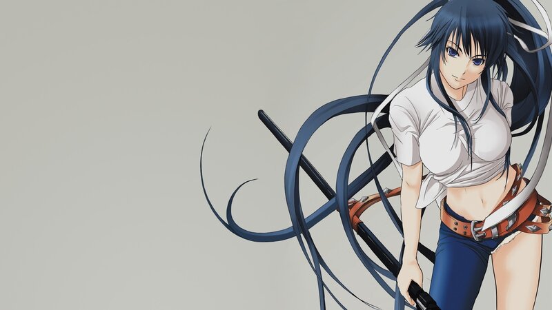 Anime Girl with Long Hair — Blue, Confident, Sword, White Shirt