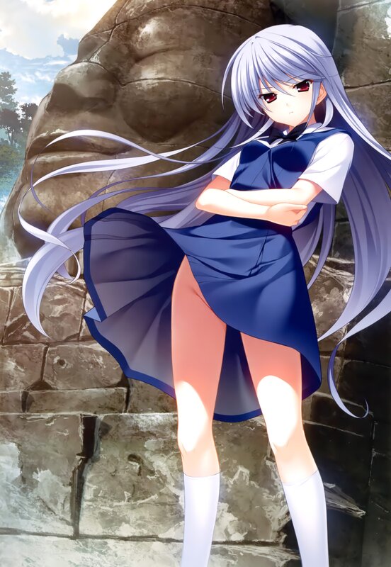 Anime Girl with Long Hair — Blue, Dramatic, Afternoon, Stone Wall