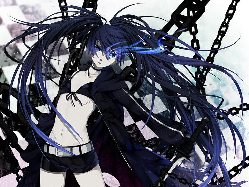 Anime Girl with Long Hair — Blue, Dramatic, Chains, Sword, Blue Eyes