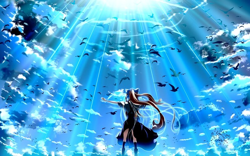 Anime Girl with Long Hair — Blue, Dramatic, Digital Art, Birds