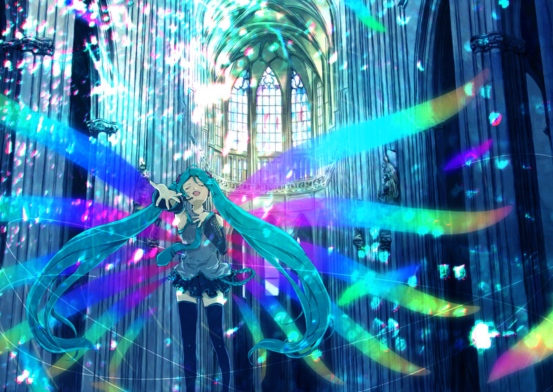 Anime Girl with Long Hair — Blue, Dramatic, Digital Art, Cathedral