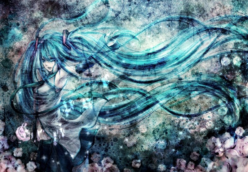 Anime Girl with Long Hair — Blue, Dramatic, Digital Art, Long Hair, Flowers