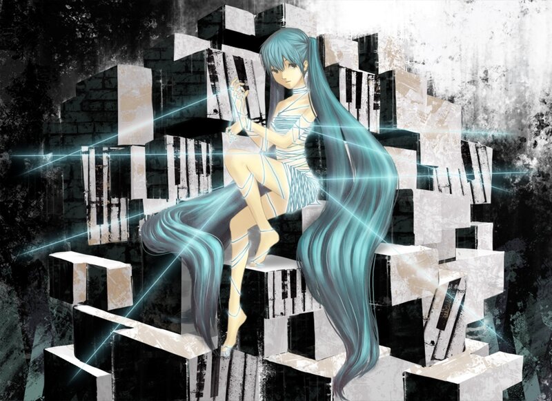 Anime Girl with Long Hair — Blue, Dramatic, Digital Art, Piano Keys