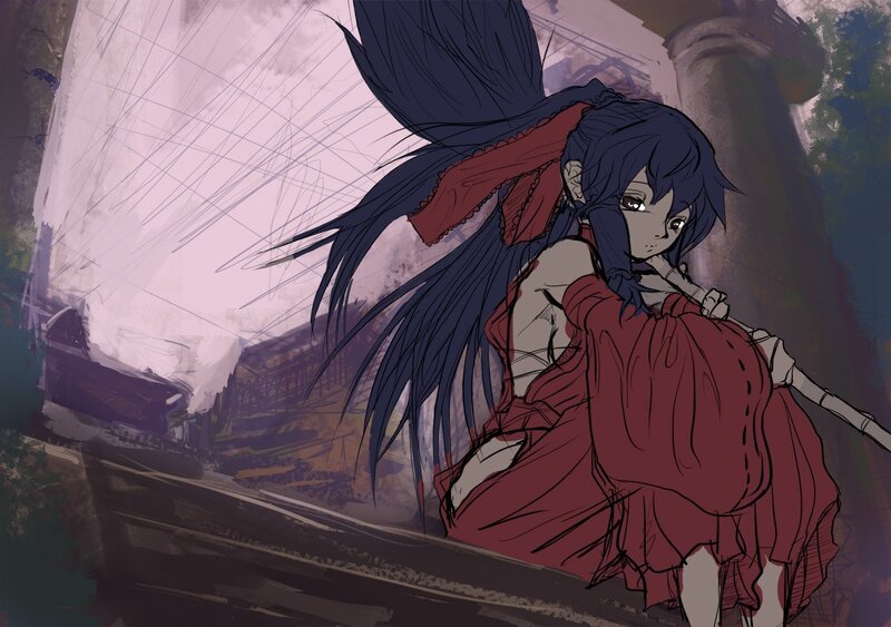 Anime Girl with Long Hair — Blue, Dramatic, Digital Art, Red Dress