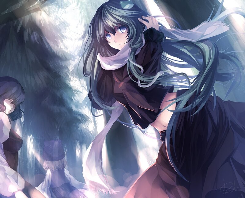 Anime Girl with Long Hair — Blue, Dramatic, Digital Art, Scarf