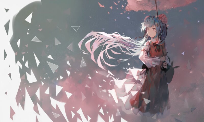 Anime Girl with Long Hair — Blue, Dramatic, Digital Art, Umbrella