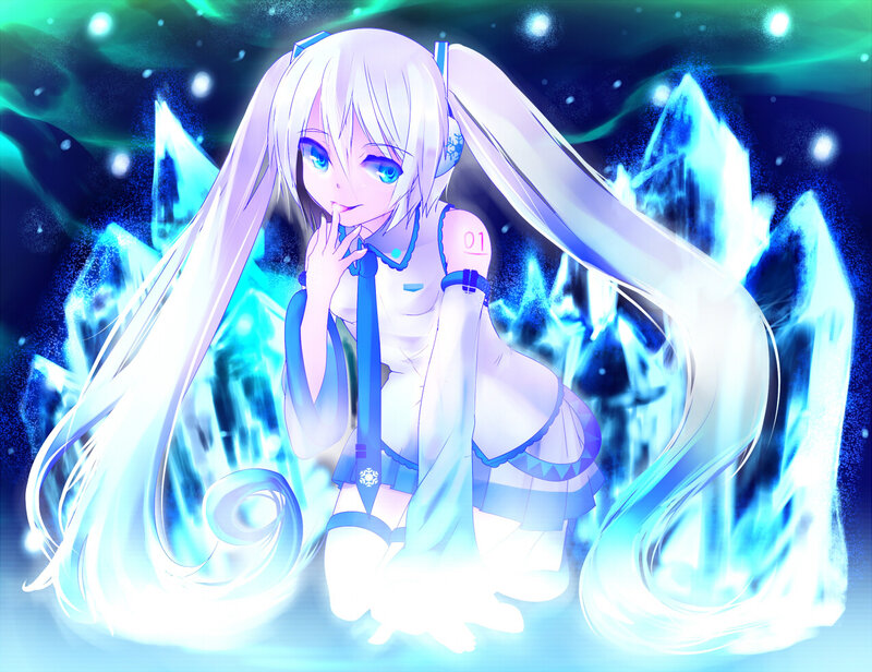 Anime Girl with Long Hair — Blue, Dramatic, Night, Digital Art, Crystals