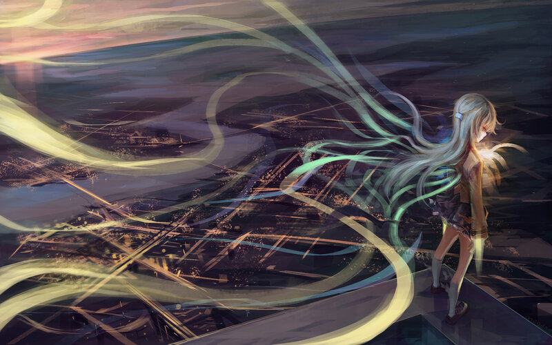 Anime Girl with Long Hair — Blue, Dramatic, Night, Digital Art, Long Hair, Cityscape, Light Trails, Yellow, Black