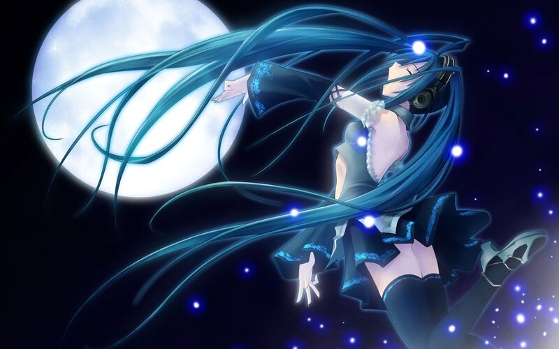 Anime Girl with Long Hair — Blue, Dramatic, Night, Digital Art, Moon, Headphones