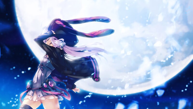 Anime Girl with Long Hair — Blue, Dramatic, Night, Digital Art, Moon, Space