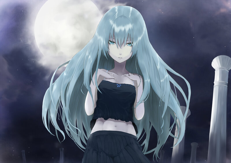 Anime Girl with Long Hair — Blue, Dramatic, Night, Digital Art, Moon