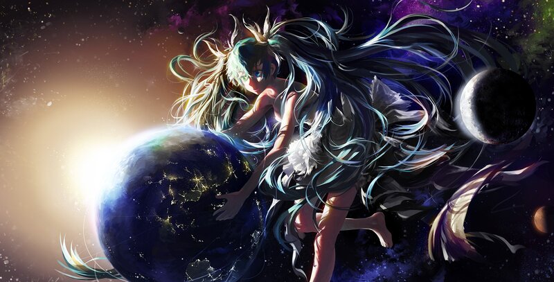 Anime Girl with Long Hair — Blue, Dramatic, Night, Digital Art, Planet