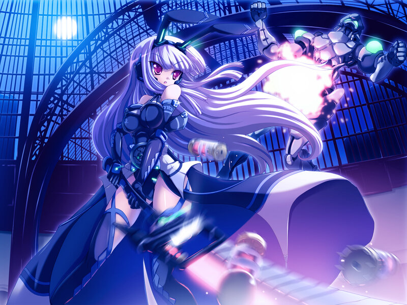 Anime Girl with Long Hair — Blue, Dramatic, Night, Digital Art, Robot, Gun, Explosion