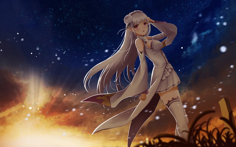 Anime Girl with Long Hair — Blue, Dramatic, Night, Digital Art, Starry Sky, Clouds