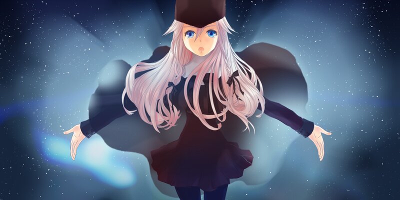 Anime Girl with Long Hair — Blue, Dramatic, Night, Digital Art, Starry Sky, Hat