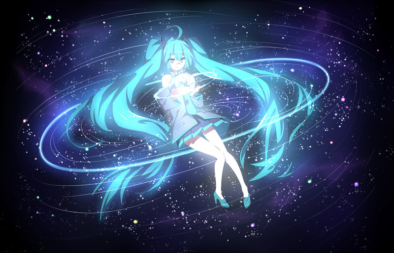 Anime Girl with Long Hair — Blue, Dramatic, Night, Digital Art, Stars, Light Trails