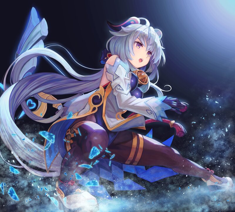 Anime Girl with Long Hair — Blue, Dramatic, Night, Digital Art, Sword, Crystal Shards