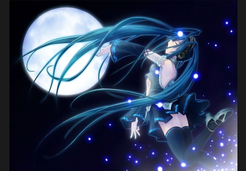 Anime Girl with Long Hair — Blue, Dramatic, Night, Digital Art