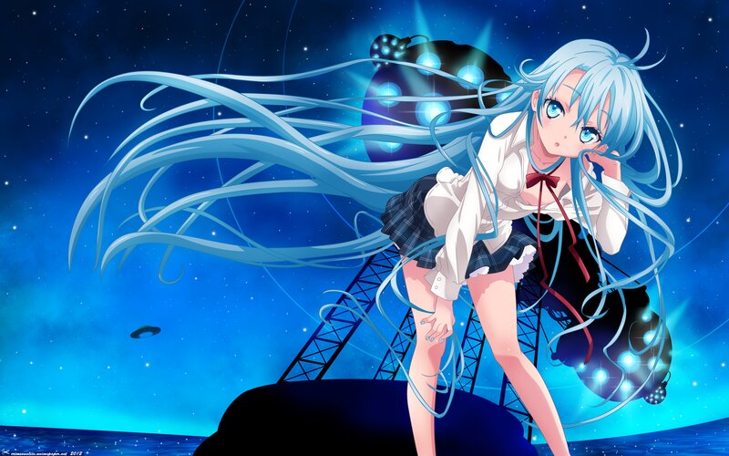Anime Girl with Long Hair — Blue, Dramatic, Night, School Uniform, Space Background