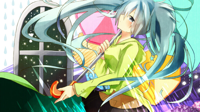 Anime Girl with Long Hair — Blue, Dramatic, Night, Umbrella