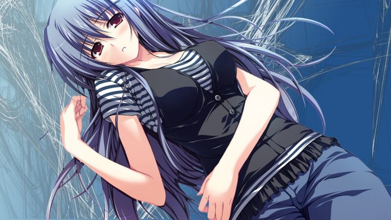 Anime Girl with Long Hair — Blue, Dramatic, Striped Shirt