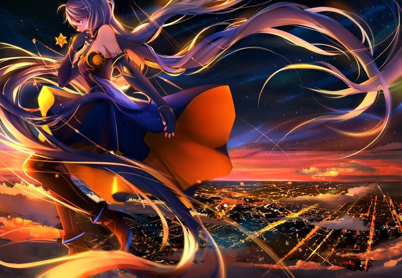 Anime Girl with Long Hair — Blue, Dramatic, Sunset, Digital Art, Cityscape, Stars