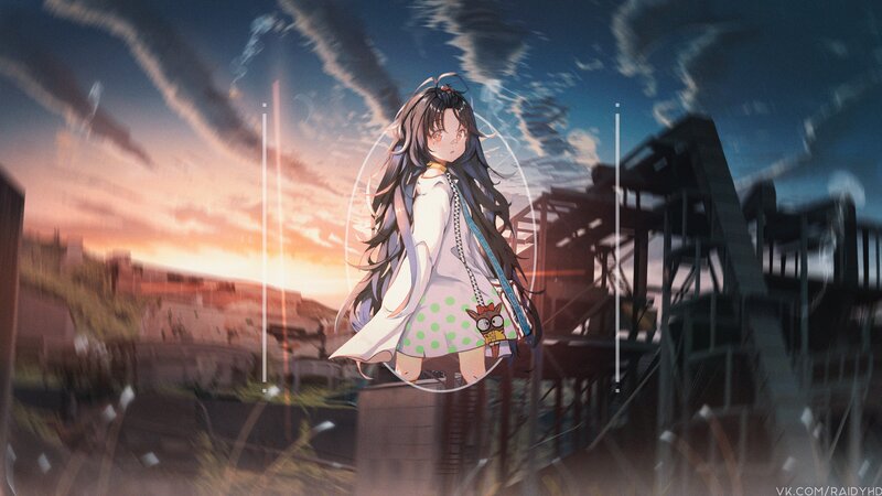 Anime Girl with Long Hair — Blue, Dramatic, Sunset, Digital Art, Ruins