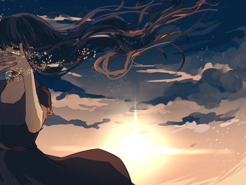 Anime Girl with Long Hair — Blue, Dramatic, Sunset, Digital Art, Sky