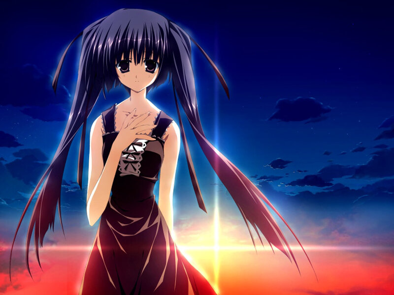 Anime Girl with Long Hair — Blue, Dramatic, Sunset, Dress