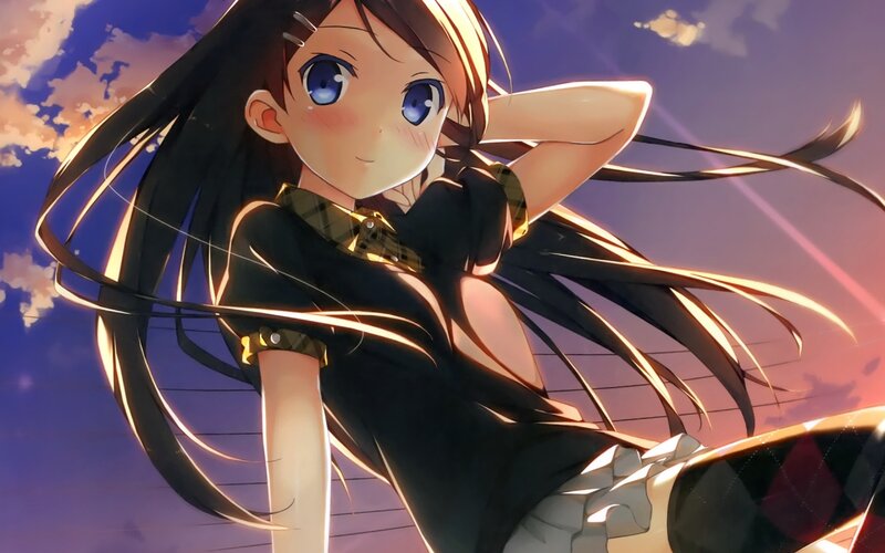 Anime Girl with Long Hair — Blue, Dramatic, Sunset, Sky
